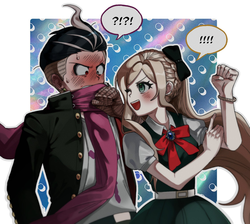 ! !! !? 1boy 1girl :d bangs belt black_bow black_hair black_jacket blush bow bowtie bracelet braid buttons clenched_hand cowboy_shot danganronpa_(series) danganronpa_2:_goodbye_despair dress earrings gem green_dress green_eyes grey_eyes grey_hair grey_shirt hair_bow hand_up heterochromia highres index_finger_raised jacket jewelry jilong_(eksrks99) long_hair looking_at_another multicolored_hair open_clothes open_jacket pink_scarf puffy_short_sleeves puffy_sleeves red_bow red_bowtie red_eyes scarf shirt short_sleeves simple_background smile sonia_nevermind speech_bubble sweat tanaka_gandamu teeth two-tone_hair upper_teeth white_background white_belt