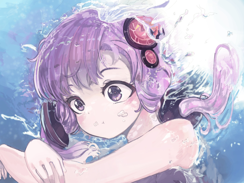 1girl :t air_bubble bangs bare_arms bare_shoulders bubble closed_mouth hair_ornament highres long_hair low_twintails microa pout purple_hair solo t twintails underwater upper_body violet_eyes vocaloid voiceroid water yuzuki_yukari