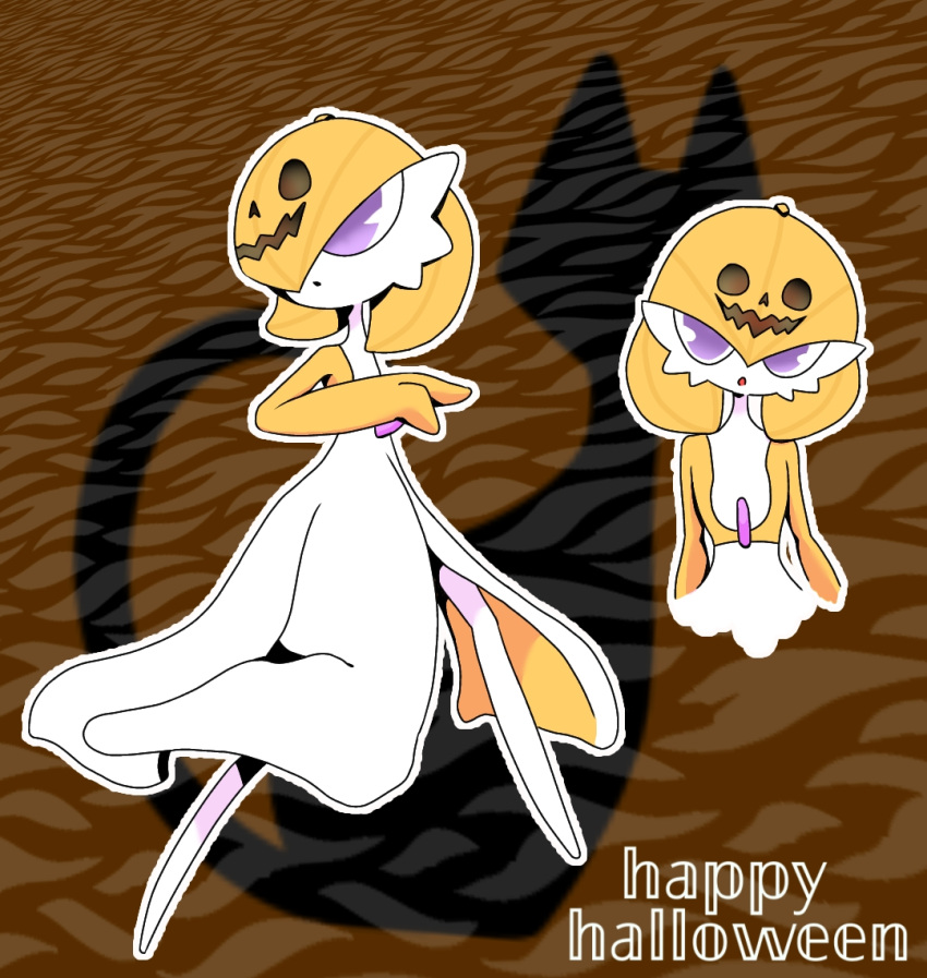 1girl alternate_color alternate_shiny_pokemon arms_at_sides bangs bob_cut brown_background colored_skin commentary_request cropped_torso english_commentary english_text flat_chest full_body gardevoir hair_between_eyes hair_over_one_eye halloween happy_halloween jack-o'-lantern legs_apart looking_at_viewer mixed-language_commentary multicolored_skin multiple_views no_humans one_eye_covered open_mouth orange_hair orange_skin outline partial_commentary pokemon pokemon_(creature) shadow short_hair standing two-tone_skin upper_body violet_eyes white_outline white_skin yuri_(pixiv_76483886)