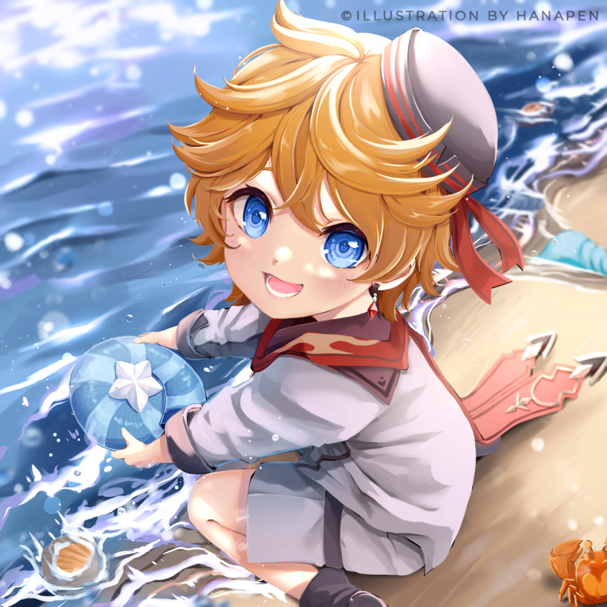 1boy :d aged_down artist_name bangs beach black_headwear blonde_hair blue_eyes blush cape child commentary crab day earrings english_commentary eyelashes genshin_impact grey_jacket grey_shorts hair_between_eyes hanapen hat highres holding jacket jewelry kagamine_len long_sleeves looking_at_viewer male_child male_focus mixed-language_commentary open_mouth orange_hair outdoors red_cape round_teeth sailor_collar sailor_hat sand seashell shell shore short_hair shorts single_earring sitting smile solo starconch_(genshin_impact) tartaglia_(genshin_impact) teeth tilted_headwear tongue water watermark