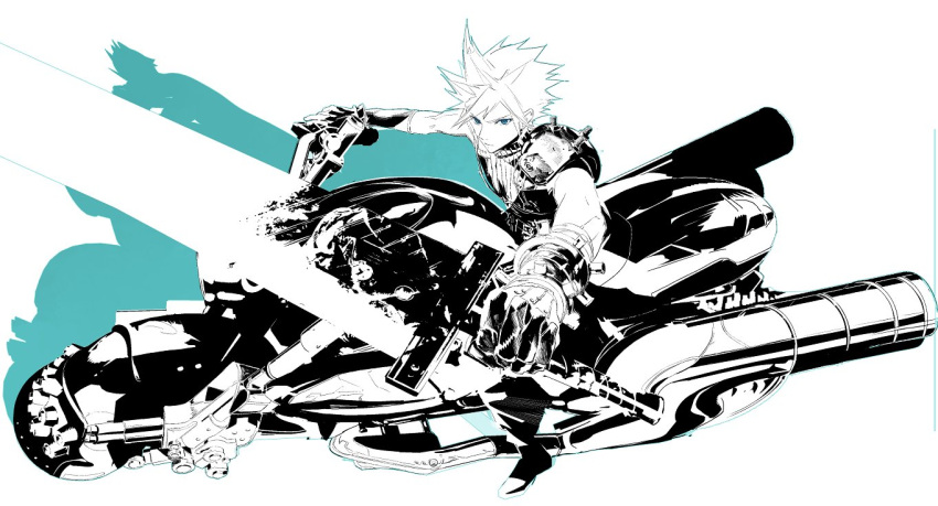 1boy aqua_eyes aqua_theme armor baggy_pants belt black_gloves boots buster_sword cloud_strife cofffee final_fantasy final_fantasy_vii final_fantasy_vii_remake furrowed_brow gloves ground_vehicle holding holding_sword holding_weapon looking_at_viewer male_focus monochrome motor_vehicle motorcycle on_motorcycle pants short_hair shoulder_armor sleeveless sleeveless_turtleneck solo spiky_hair suspenders sword toned toned_male turtleneck weapon white_background