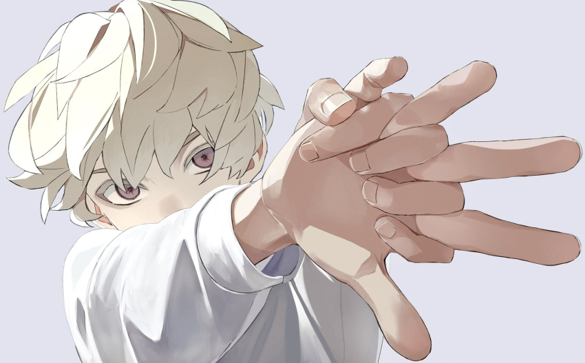 1boy bangs blonde_hair commentary foreshortening gradient gradient_background grey_background hair_between_eyes highres interlocked_fingers long_sleeves looking_at_viewer male_focus original outstretched_arms own_hands_together quark_majime reaching_out shirt simple_background solo upper_body white_shirt