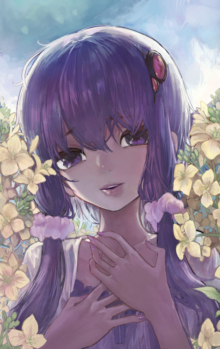 1girl bangs fingernails flower furrowed_brow hair_between_eyes hair_ornament hair_scrunchie hands_up highres lips looking_at_viewer low_twintails microa nail_polish open_mouth pink_lips pink_nails pink_scrunchie purple_eyes purple_hair scrunchie short_hair_with_long_locks solo teeth twintails upper_body upper_teeth violet_eyes vocaloid voiceroid yellow_flower yuzuki_yukari