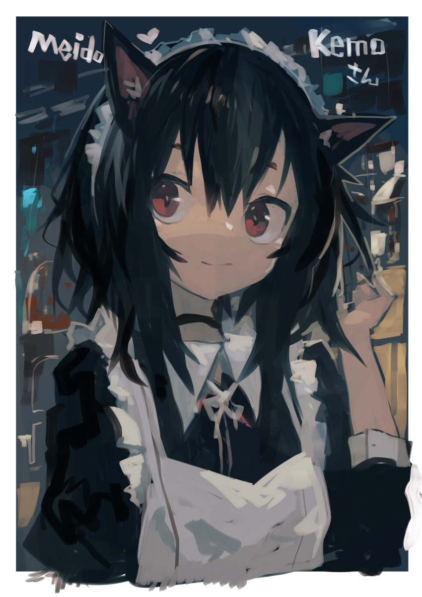 1girl absurdres animal_ears apron bangs black_choker black_dress black_hair cat_ears choker closed_mouth collared_dress cropped_torso dress hair_between_eyes hand_up highres juliet_sleeves kaamin_(mariarose753) long_sleeves looking_at_viewer maid maid_apron maid_headdress original puffy_sleeves red_eyes romaji_text short_sleeves smile solo thick_eyebrows upper_body white_apron