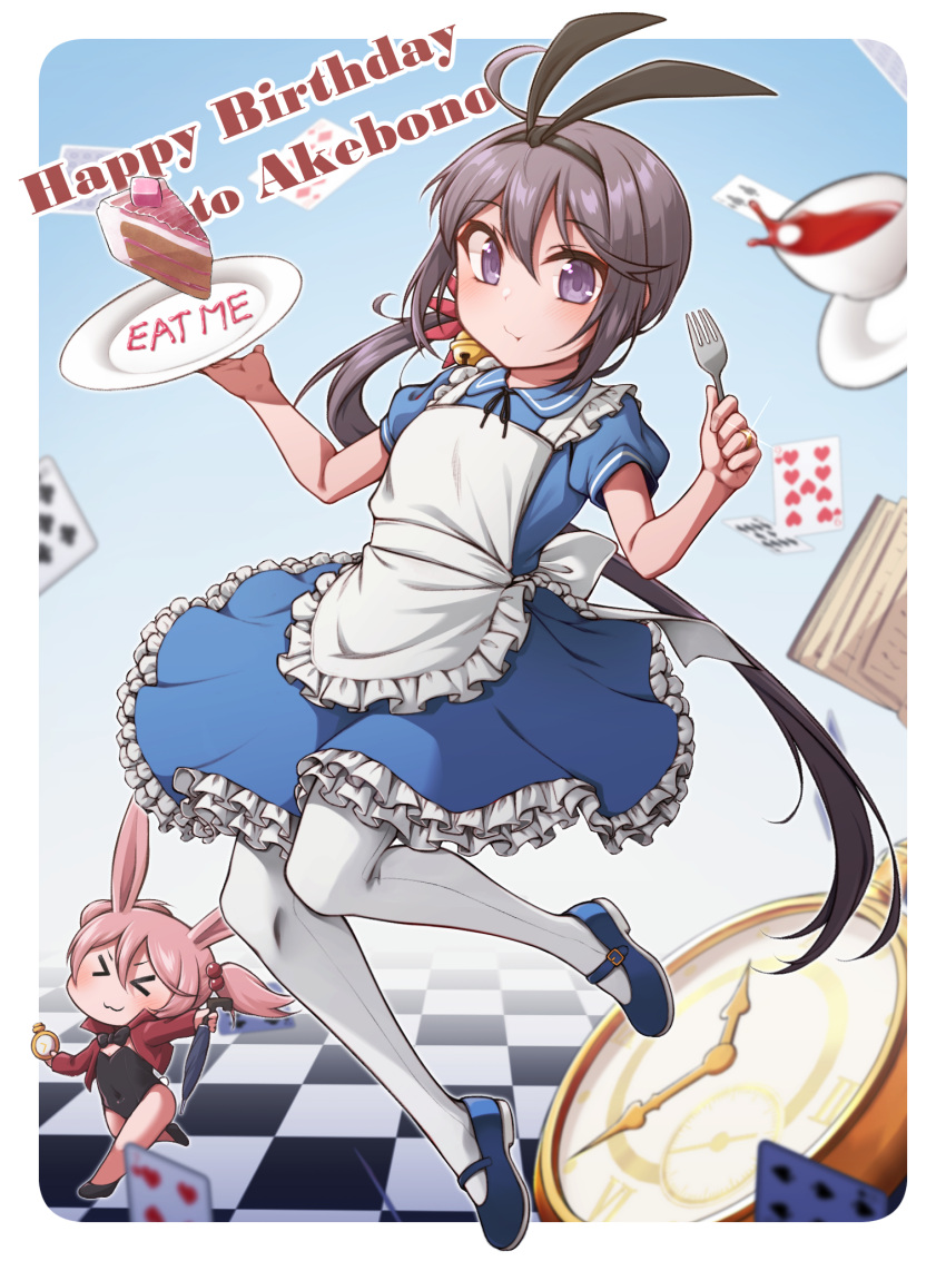 &gt;_&lt; 2girls akebono_(kancolle) akebono_(kantai_collection) animal_ears apron bell black_footwear black_leotard black_tea blue_dress blue_footwear blush cake cake_slice card checkered checkered_floor closed_mouth cup dress eating fake_animal_ears fake_tail flower food frilled_apron frilled_dress frills hair_bell hair_between_eyes hair_bobbles hair_flower hair_ornament highres jacket jingle_bell kantai_collection leotard long_hair long_sleeves multiple_girls open_clothes open_jacket pantyhose pink_hair plate puffy_short_sleeves puffy_sleeves purple_eyes purple_hair rabbit_ears rabbit_tail red_flower red_jacket sazanami_(kancolle) shoes short_sleeves side_ponytail smile strapless strapless_leotard tail tea twintails violet_eyes white_apron white_legwear white_pantyhose yuki_to_hana