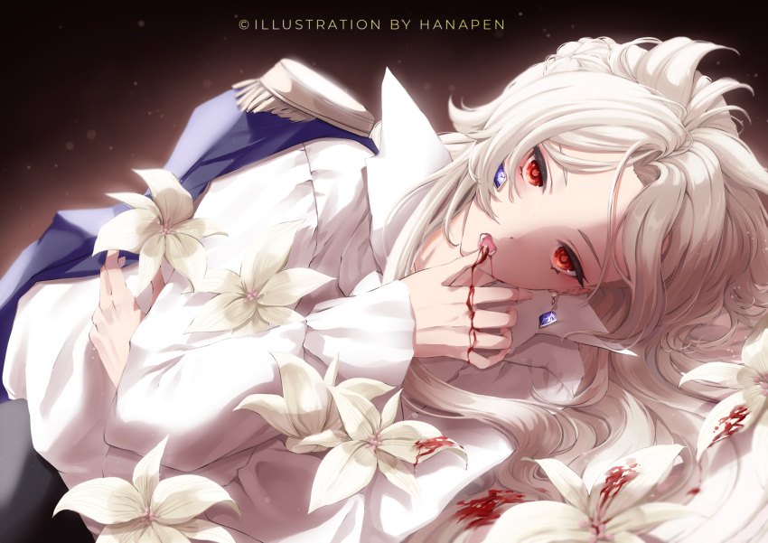 1boy albedo_(genshin_impact) alternate_eye_color artist_name bangs blonde_hair blood blue_jacket blush braid collared_shirt commentary earrings english_commentary epaulettes eyelashes flower frilled_sleeves frills genshin_impact hanapen hand_up high_collar highres jacket jacket_on_shoulders jewelry lily_(flower) long_hair long_sleeves looking_at_viewer lying male_focus mixed-language_commentary on_side open_mouth parted_bangs red_eyes shirt sidelocks solo vampire watermark white_flower white_shirt