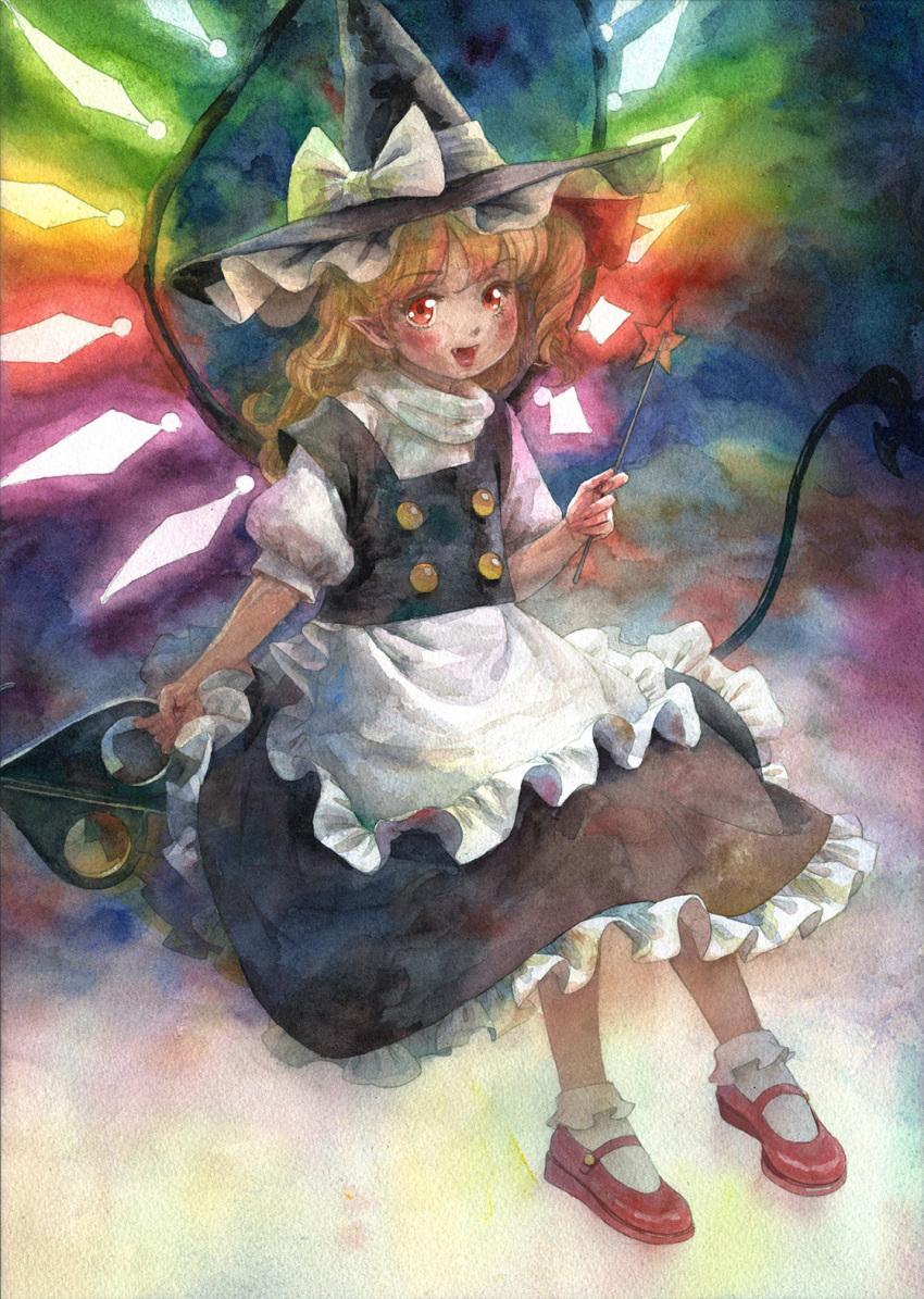 1girl apron back_bow black_headwear black_skirt black_vest blonde_hair bow buttons cosplay crystal fang flandre_scarlet frilled_skirt frills hair_bow hat hat_bow highres kirisame_marisa kirisame_marisa_(cosplay) laevatein_(touhou) mary_janes medium_hair misawa_hiroshi one_side_up open_mouth painting_(medium) pointy_ears puffy_short_sleeves puffy_sleeves red_eyes red_footwear shirt shoes short_sleeves simple_background skirt skirt_set socks solo star_(symbol) touhou traditional_media turtleneck vest waist_apron watercolor_(medium) white_apron white_background white_bow white_shirt wings witch_hat