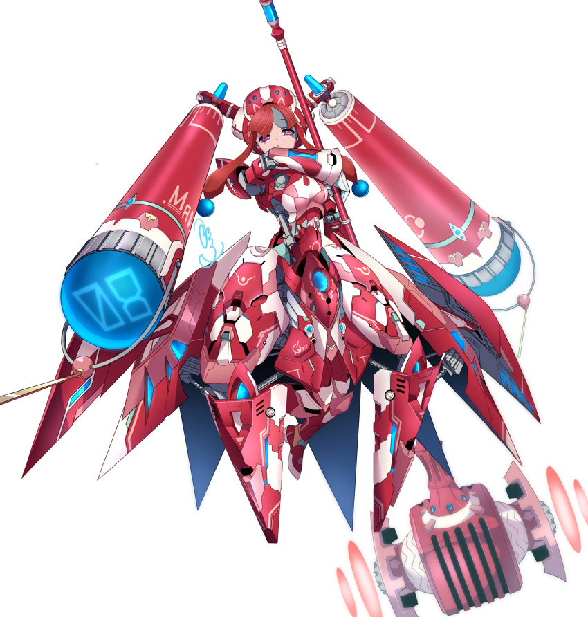 1girl android colored_skin full_body grey_skin hammer highres holding holding_hammer joints multicolored_skin nanashiro_1813 original purple_eyes red_eyes redhead robot_joints signature solo two-tone_skin weapon white_background