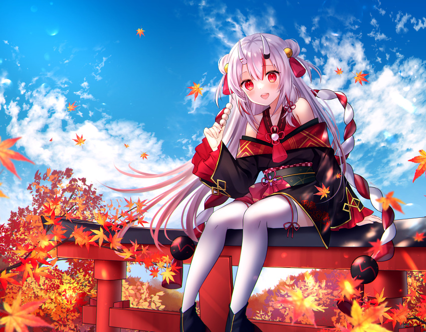 1girl :d autumn_leaves blue_sky blush clouds cloudy_sky commentary_request dango day double_bun food hair_bun haruhitooo highres hololive horns japanese_clothes kouhaku_nawa leaf long_hair looking_at_viewer maple_leaf nakiri_ayame oni oni_horns open_mouth red_eyes rope shimenawa sitting sky smile solo thigh-highs thighhighs torii virtual_youtuber wagashi white_hair white_legwear white_thighhighs zettai_ryouiki