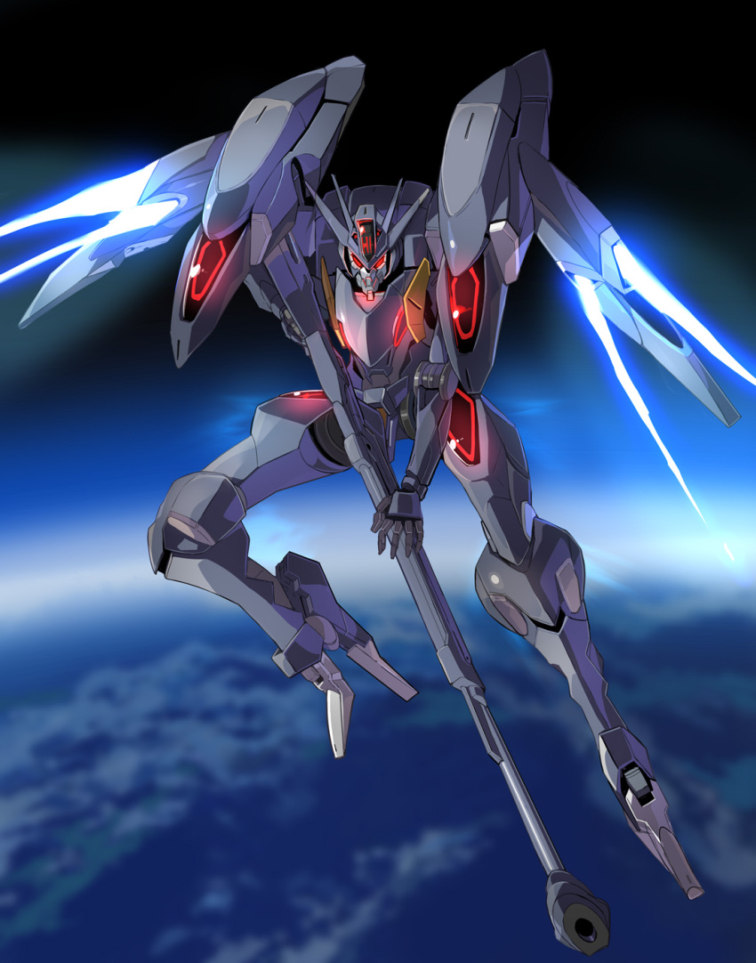 beam_rifle commentary earth_(planet) energy_gun flying full_body glowing glowing_eyes gun gundam gundam_pharact gundam_suisei_no_majo highres holding holding_gun holding_weapon looking_at_viewer mecha mobile_suit no_humans planet red_eyes rifle robot shope sniper_rifle solo space thrusters v-fin weapon