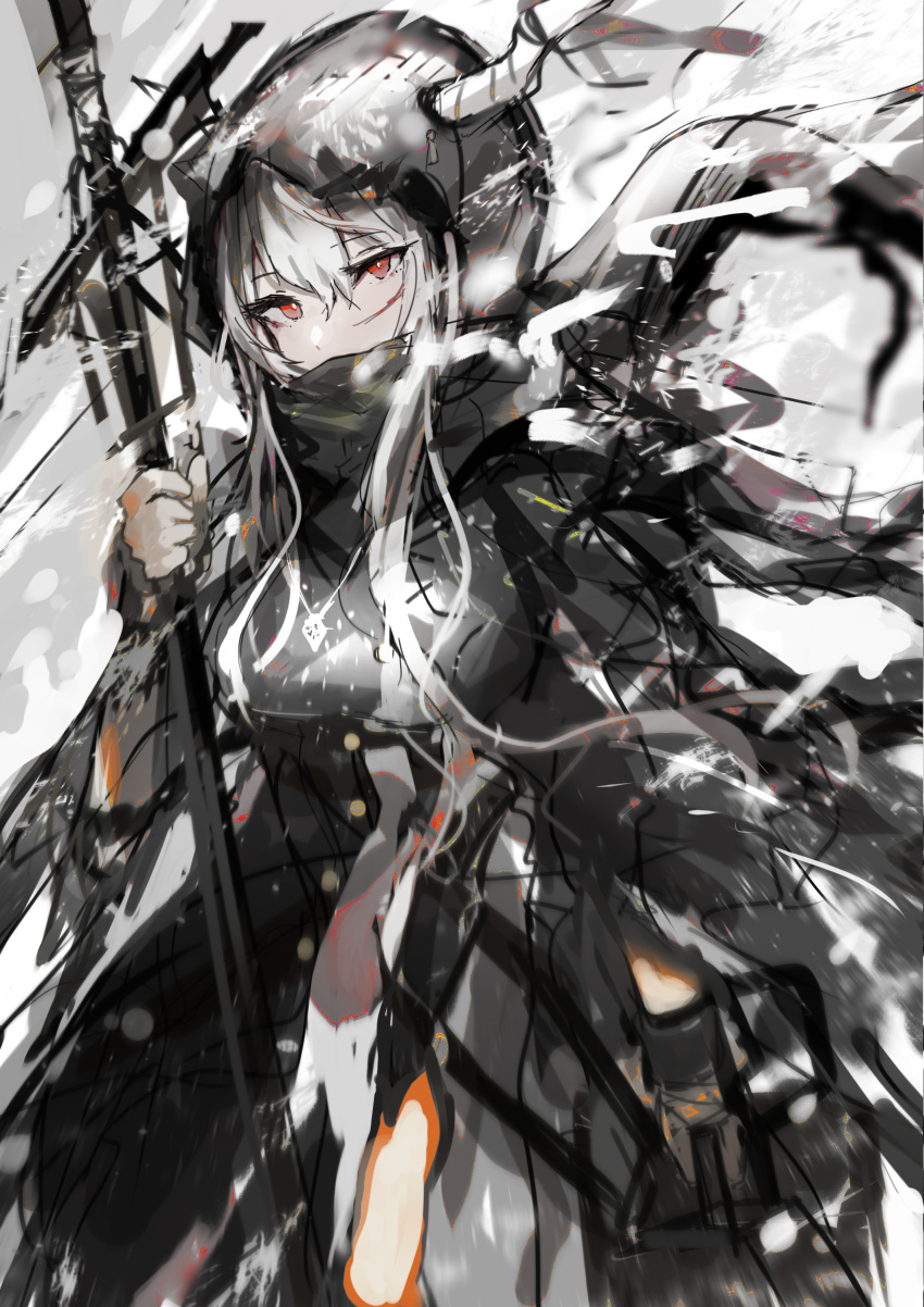1girl absurdres arknights bag black_dress blush breasts chuhaibane cowboy_shot dress grey_hair hair_between_eyes highres holding holding_bag holding_sword holding_weapon hood hood_up horns_through_hood jewelry large_breasts long_hair looking_at_viewer necklace red_eyes sheath sheathed shining_(arknights) sketch solo sword weapon