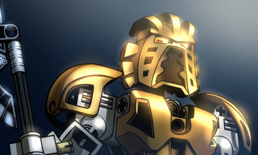 bionicle gold_armor highres holding holding_staff humanoid_robot jazz_jack lego mask no_humans science_fiction staff takanuva_(bionicle) the_lego_group toy upper_body