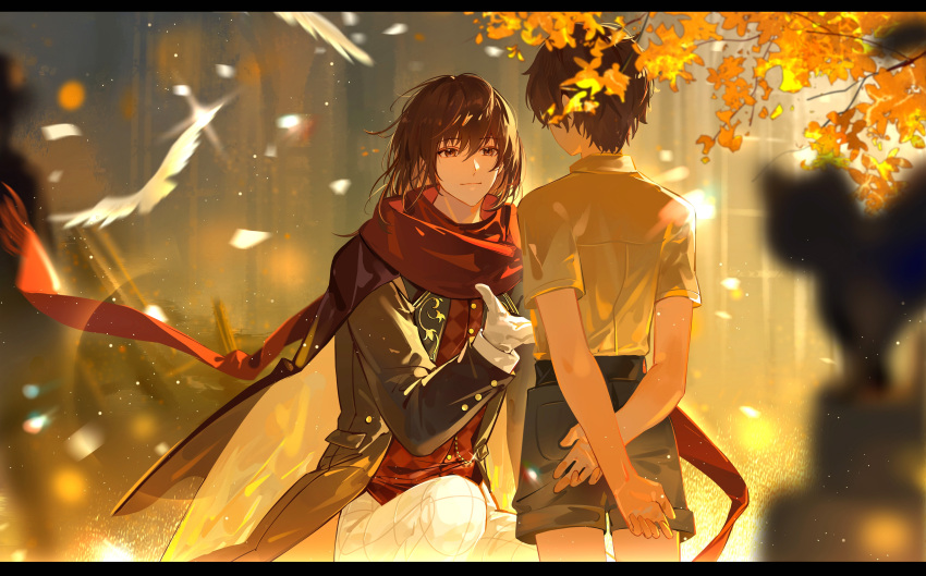 1girl 2boys absurdres angel arms_behind_back autumn_leaves bird blurry blurry_background blurry_foreground brown_eyes brown_hair brown_jacket brown_shorts cloudddddddd dove from_behind gloves highres jacket klein_moretti kneeling letterboxed looking_at_another lord_of_the_mysteries male_child multiple_boys outdoors pants reaching_out red_scarf red_vest scarf shirt shorts smile sunlight tree vest white_gloves white_pants white_shirt