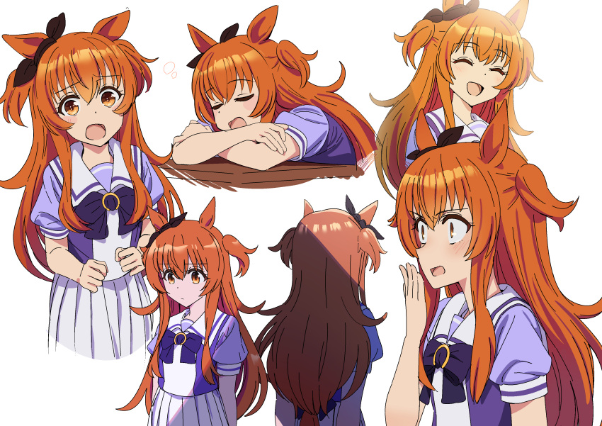 1girl absurdres animal_ears blush_stickers bow bowtie closed_eyes covering_mouth ear_bow expressionless from_behind highres horse_ears horse_girl horseshoe_ornament kerorira long_hair looking_at_viewer mayano_top_gun_(umamusume) multiple_views open_mouth orange_eyes orange_hair pleated_skirt puffy_short_sleeves puffy_sleeves purple_bow purple_bowtie purple_shirt sailor_collar sailor_shirt school_uniform serafuku shirt short_sleeves simple_background skirt smile summer_uniform tracen_school_uniform two_side_up umamusume white_background white_skirt