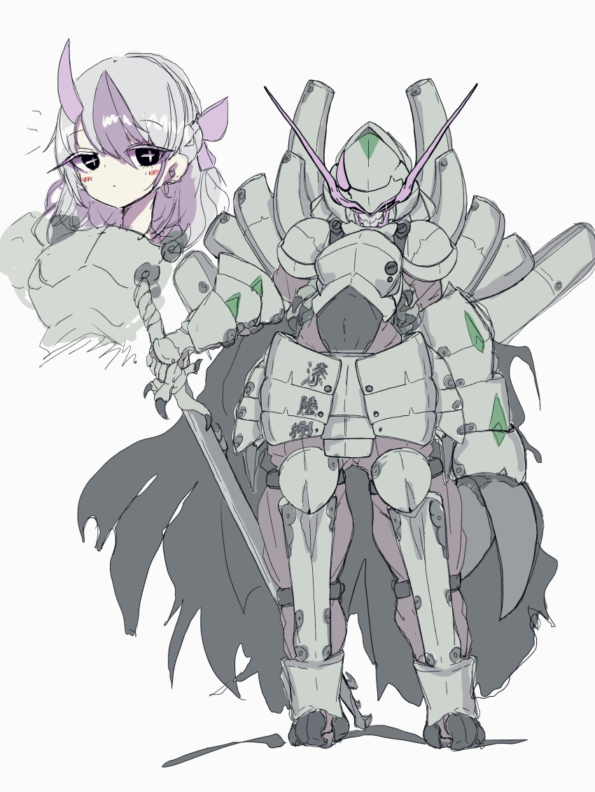 1girl absurdres armor black_cape black_eyes blush bow cape cross-shaped_pupils full_armor full_body golisopod gradient gradient_background grey_hair hair_bow hair_ornament hairpin helmet highres holding holding_sword holding_weapon horns japanese_armor looking_at_viewer medium_hair pauldrons personification pokemon purple_bow samurai shoulder_armor solo sword torn_cape torn_clothes user_jwrz5783 weapon