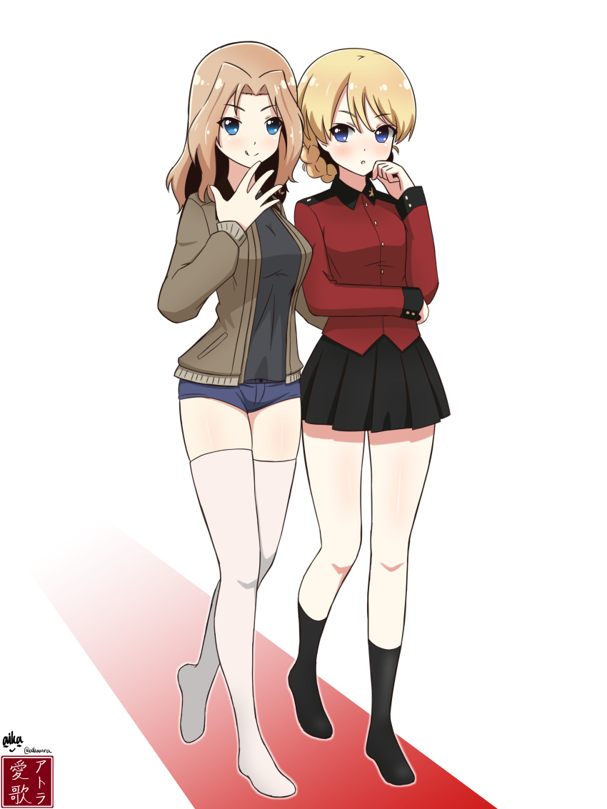 2girls :o :q absurdres aikazilla arm_around_waist artist_logo artist_name ass_grab bangs black_shirt black_skirt black_socks blonde_hair blue_eyes blue_shorts blush braid brown_jacket closed_mouth darjeeling_(girls_und_panzer) denim denim_shorts girls_und_panzer hair_intakes hand_to_own_mouth highres jacket kay_(girls_und_panzer) long_hair long_sleeves looking_at_viewer medium_hair micro_shorts military military_uniform miniskirt multiple_girls no_shoes open_clothes open_jacket pleated_skirt red_jacket saunders_military_uniform shirt short_hair shorts skirt smile socks st._gloriana's_military_uniform standing thigh-highs tongue tongue_out twitter_username uniform walking white_thighhighs