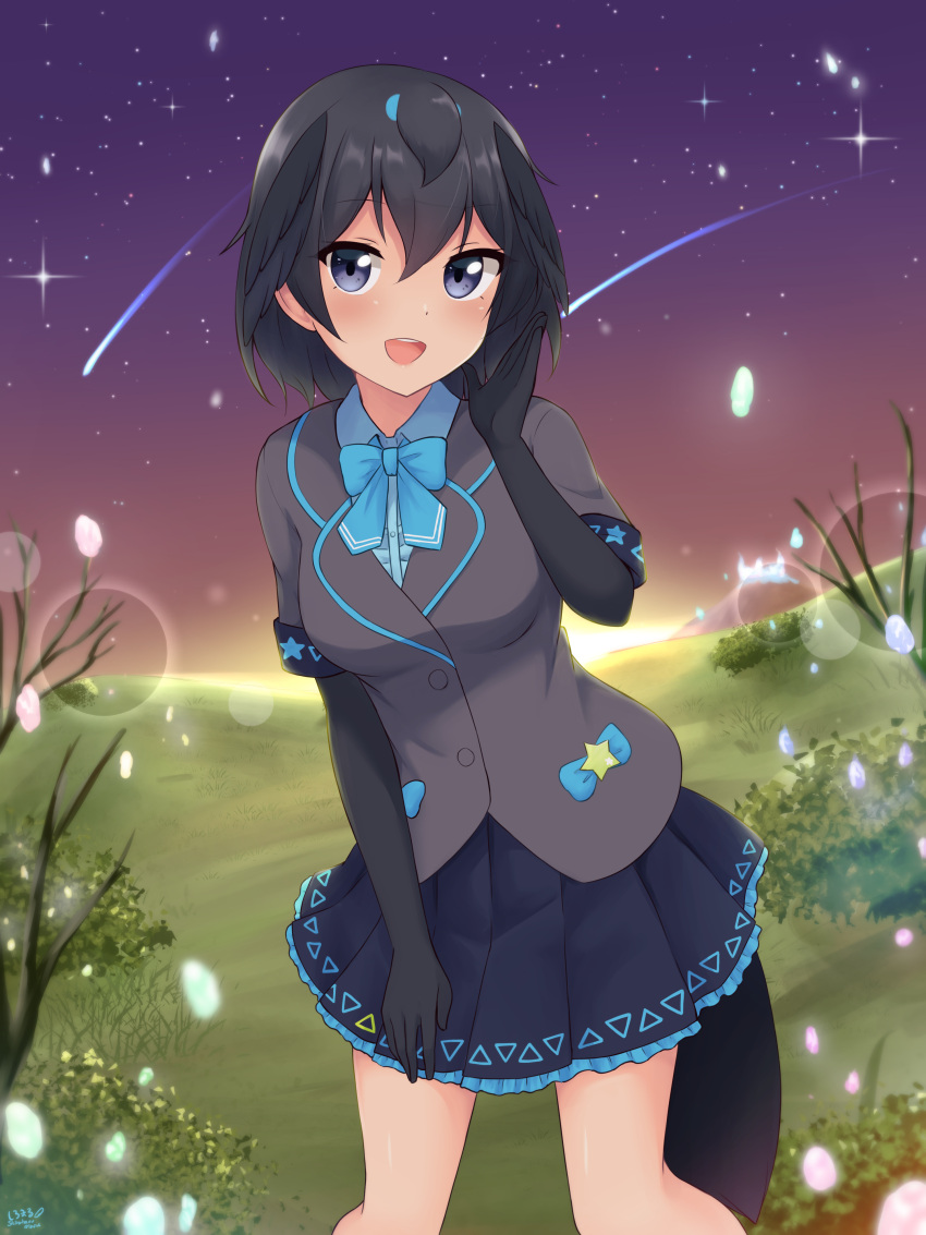 1girl :d absurdres alternate_costume bangs black_eyes black_gloves black_hair black_skirt blade blue_bow blue_bowtie bow bowtie breasts bush commentary elbow_gloves frilled_skirt frills gloves grey_jacket hair_between_eyes hand_up head_wings highres jacket kemono_friends medium_breasts open_mouth outdoors pleated_skirt shiraha_maru shooting_star short_hair short_sleeves skirt sky smile solo star_(sky) starry_sky superb_bird-of-paradise_(kemono_friends) tail