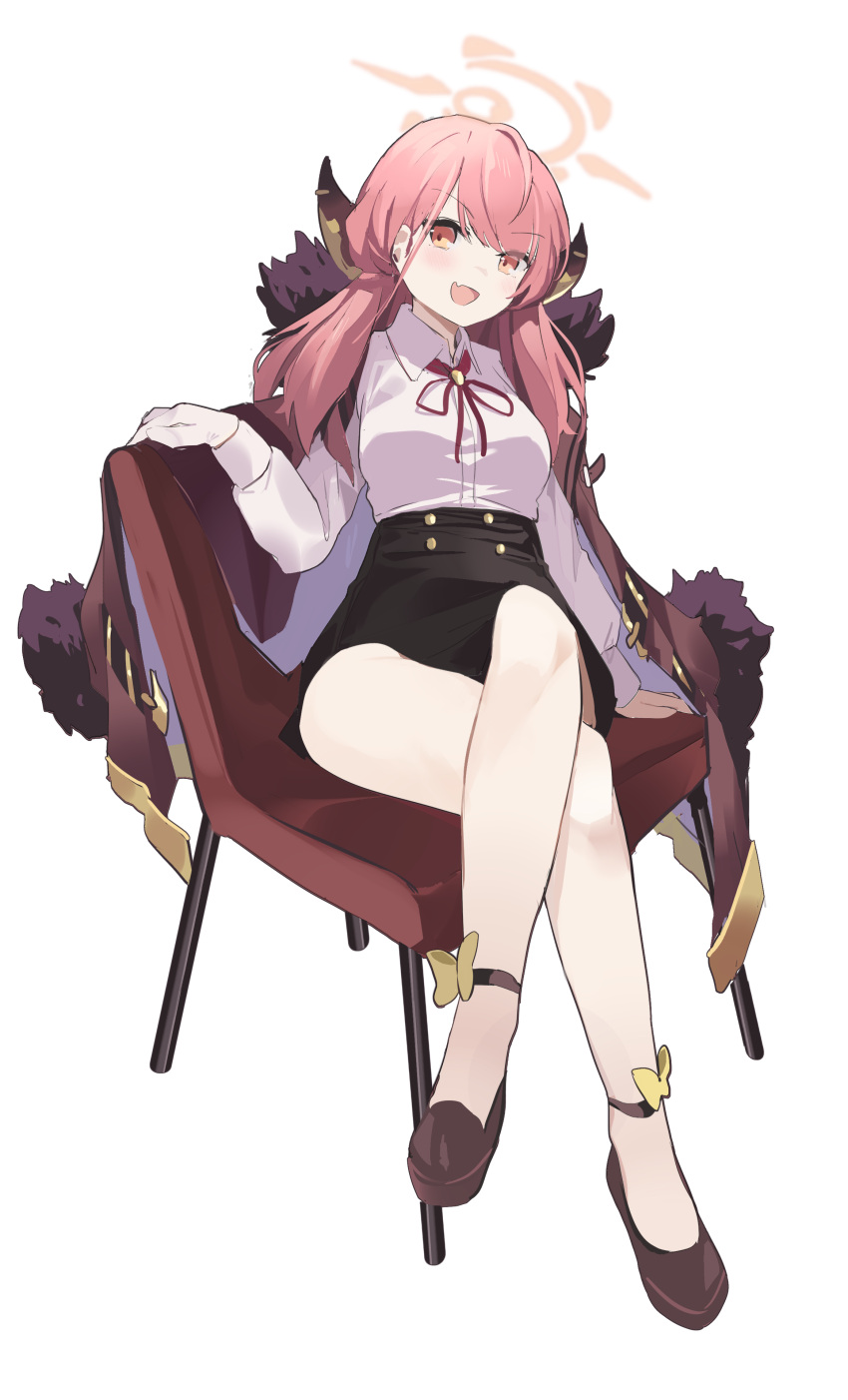 1girl :d absurdres anklet aru_(blue_archive) bangs black_skirt blue_archive blush chair coat coat_on_shoulders commentary coria crossed_legs demon_girl demon_horns eyes_visible_through_hair fur-trimmed_coat fur_trim gloves gradient_background halo highres horns jewelry long_hair long_sleeves looking_at_viewer open_mouth pantyhose parted_bangs pencil_skirt pink_eyes pink_hair school_uniform shirt sidelocks simple_background sitting skirt smile solo symbol-shaped_pupils white_background white_gloves white_shirt