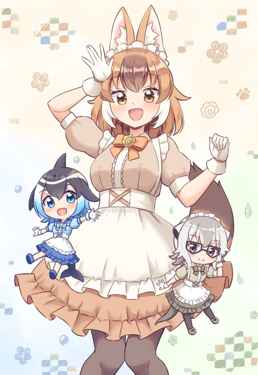 3girls adapted_costume alternate_costume animal_ears apron black_hair black_pantyhose blonde_hair blowhole blue_bow blue_bowtie blue_dress blue_eyes blue_hair blush bow bowtie brown_bow brown_bowtie brown_dress brown_hair cetacean_tail chibi collared_dress commentary_request common_dolphin_(kemono_friends) d dhole_(kemono_friends) dog_ears dog_girl dog_tail dolphin_girl dorsal_fin dress enmaided eyebrows_visible_through_hair frilled_apron frilled_dress frills glasses gloves grey_dress grey_hair hair_between_eyes hand_on_eyewear highres kemono_friends light_brown_hair long_hair maid maid_apron maid_headdress matching_outfit meerkat_(kemono_friends) meerkat_ears multicolored_hair multiple_girls open_mouth pantyhose puffy_short_sleeves puffy_sleeves salute shiraha_maru short_hair short_sleeves smile tail two-tone_hair white_apron white_gloves white_hair