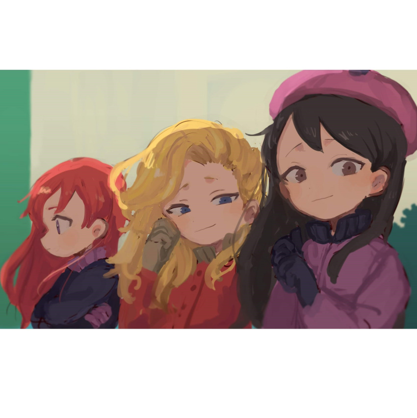 3girls absurdres bebe_stevens beret black_hair blonde_hair blue_eyes brown_eyes brown_gloves gloves hat highres jacket long_hair multiple_girls nojiko_(natumag) purple_gloves purple_jacket red_hair red_jacket red_mcarthur redhead smile south_park violet_eyes wavy_hair wendy_testaburger winter