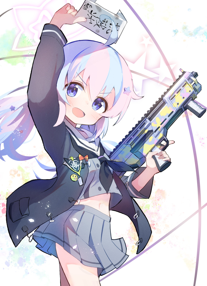 1girl :d absurdres ahoge arm_up bangs blue_archive blue_eyes commentary_request eyebrows_visible_through_hair eyes_visible_through_hair gun haemori_ako hair_between_eyes hair_ornament halo highres holding holding_gun holding_letter holding_weapon letter long_hair long_sleeves looking_at_viewer low_twintails midriff multicolored_hair navel open_mouth pink_hair pleated_skirt reisa_(blue_archive) rifle school_uniform serafuku shotgun sidelocks simple_background skirt smile solo standard_manufacturing_dp-12 star_(symbol) star_hair_ornament starry_background streaked_hair translation_request trigger_discipline twintails two-tone_hair weapon