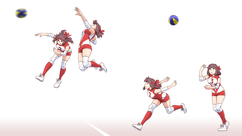 1girl arm_up bangs brown_eyes brown_hair commentary_request elbow_pads girls_und_panzer headband highres jumping knee_pads kondou_taeko leaning_forward legs_up looking_up medium_hair motion_blur outstretched_arms partial_commentary red_headband red_shirt red_shorts red_socks running satou_yasu sequential shirt shoes short_shorts shorts simple_background single_vertical_stripe sleeveless sleeveless_shirt sneakers socks spiking sportswear spread_arms standing tossing volleyball volleyball_uniform white_background white_footwear