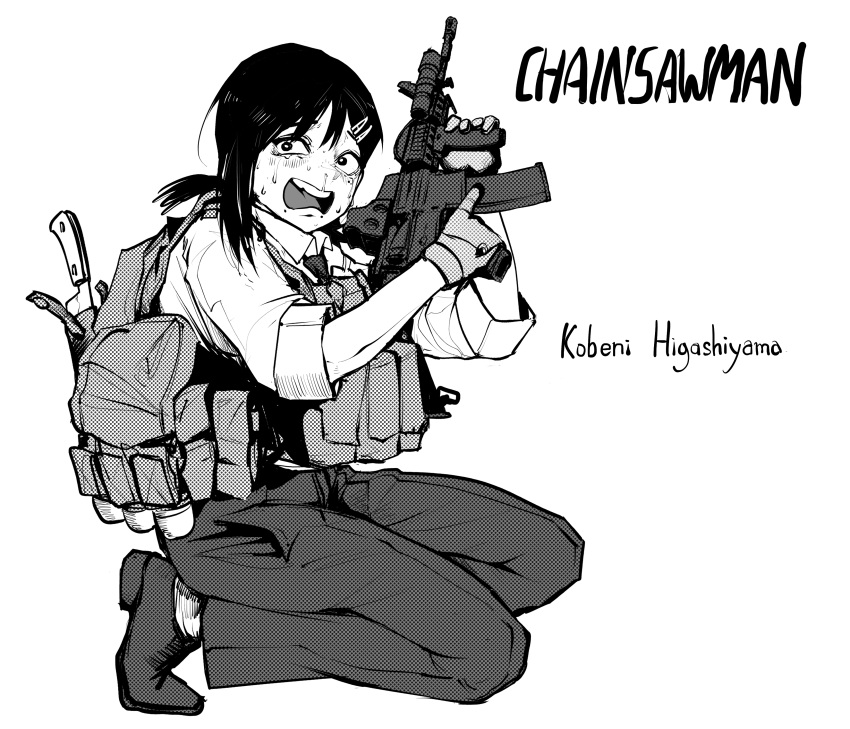 1girl 40mm_grenade absurdres ar-15 assault_rifle black_hair bulletproof_vest chainsaw_man crying crying_with_eyes_open epakim gloves greyscale gun hair_ornament hairclip higashiyama_kobeni highres kneeling monochrome necktie open_mouth optical_sight rifle shirt short_hair sleeves_rolled_up snot solo tears trigger_discipline weapon