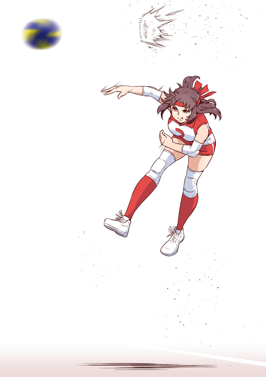 1girl absurdres bangs brown_eyes brown_hair commentary_request elbow_pads girls_und_panzer headband highres jumping knee_pads kondou_taeko medium_hair motion_blur partial_commentary red_headband red_legwear red_shirt red_shorts red_socks satou_yasu shirt shoes short_shorts shorts simple_background single_vertical_stripe sleeveless sleeveless_shirt sneakers socks solo spiking sportswear volleyball_uniform white_background white_footwear