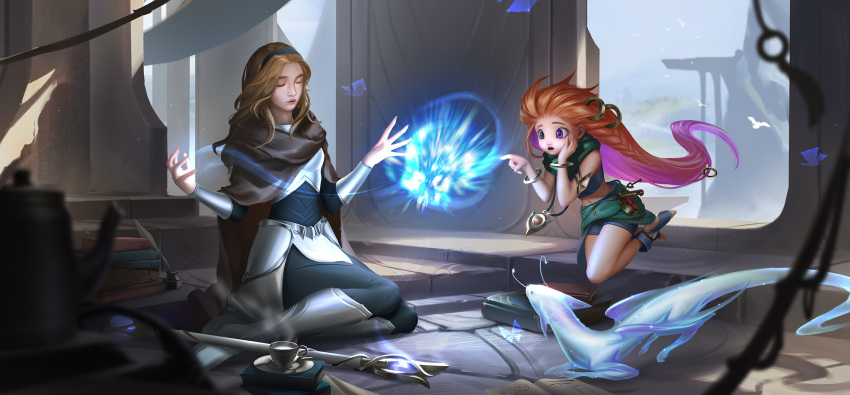 2girls bangs bare_shoulders bcopy black_pants blonde_hair book book_stack bracelet braid brown_cape cape crop_top cup hair_ornament hands_up heterochromia highres indoors jewelry league_of_legends long_hair lux_(league_of_legends) magic midriff mug multicolored_hair multiple_girls navel pants scarf sitting staff teacup toeless_legwear very_long_hair zoe_(league_of_legends)