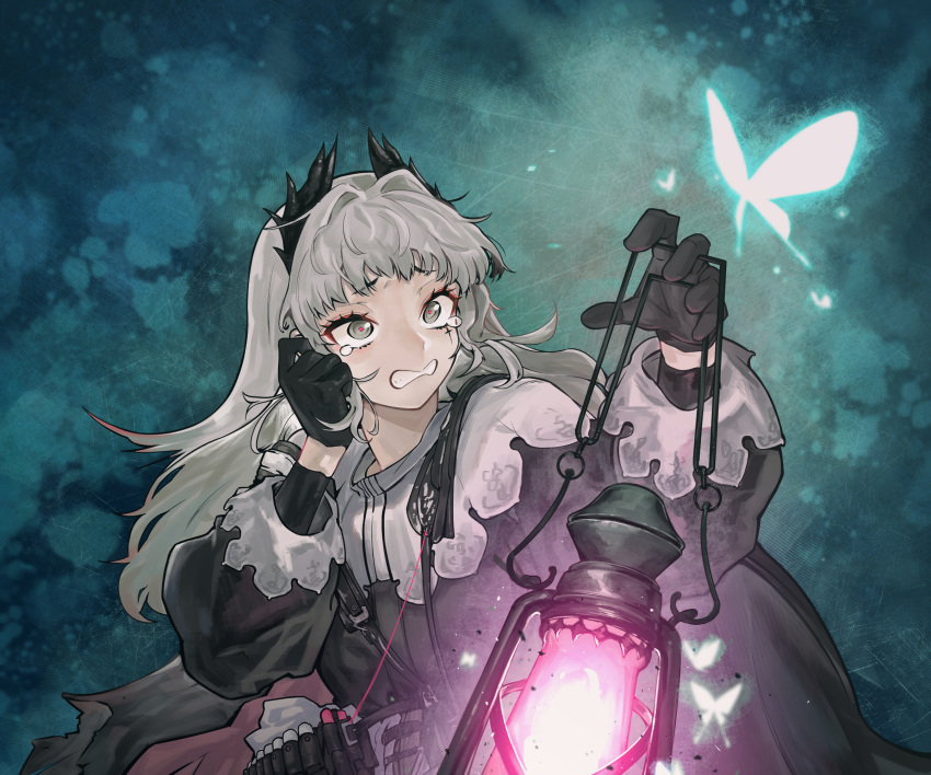 1girl animal arknights bangs black_gloves black_jacket blue_butterfly bug butterfly capelet clenched_teeth commentary_request gloves grey_eyes grey_hair hands_up highres holding holding_lantern insect irene_(arknights) jacket lantern long_hair long_sleeves looking_away movik puffy_long_sleeves puffy_sleeves short_eyebrows solo tears teeth white_capelet