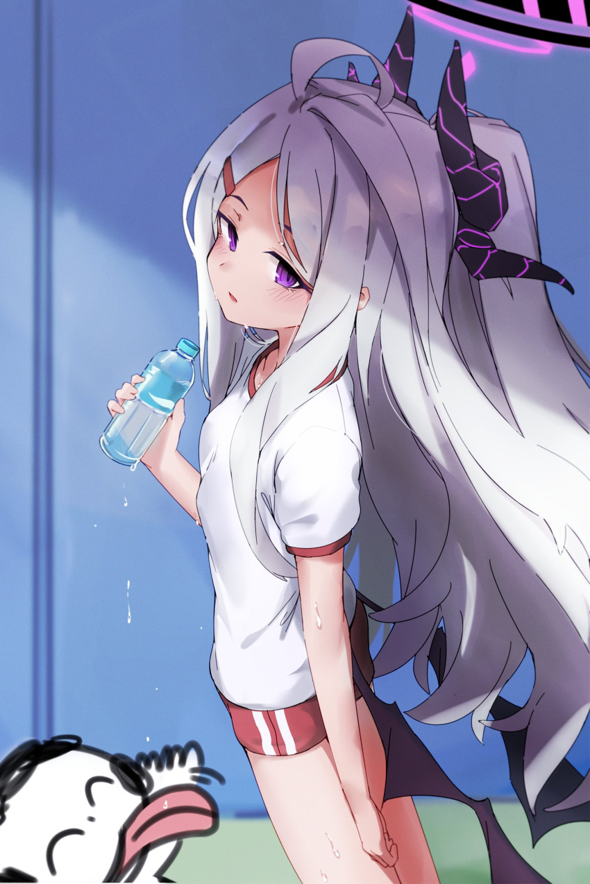 1girl ahoge bangs blue_archive bottle buruma demon_horns demon_wings gym_shirt gym_uniform hair_ornament halo highres hina_(blue_archive) holding_bottle horns kure_(kure_ng) long_hair low_wings multiple_horns parted_bangs purple_eyes red_buruma sensei_(blue_archive) shirt short_sleeves sweat violet_eyes water_bottle white_hair wings