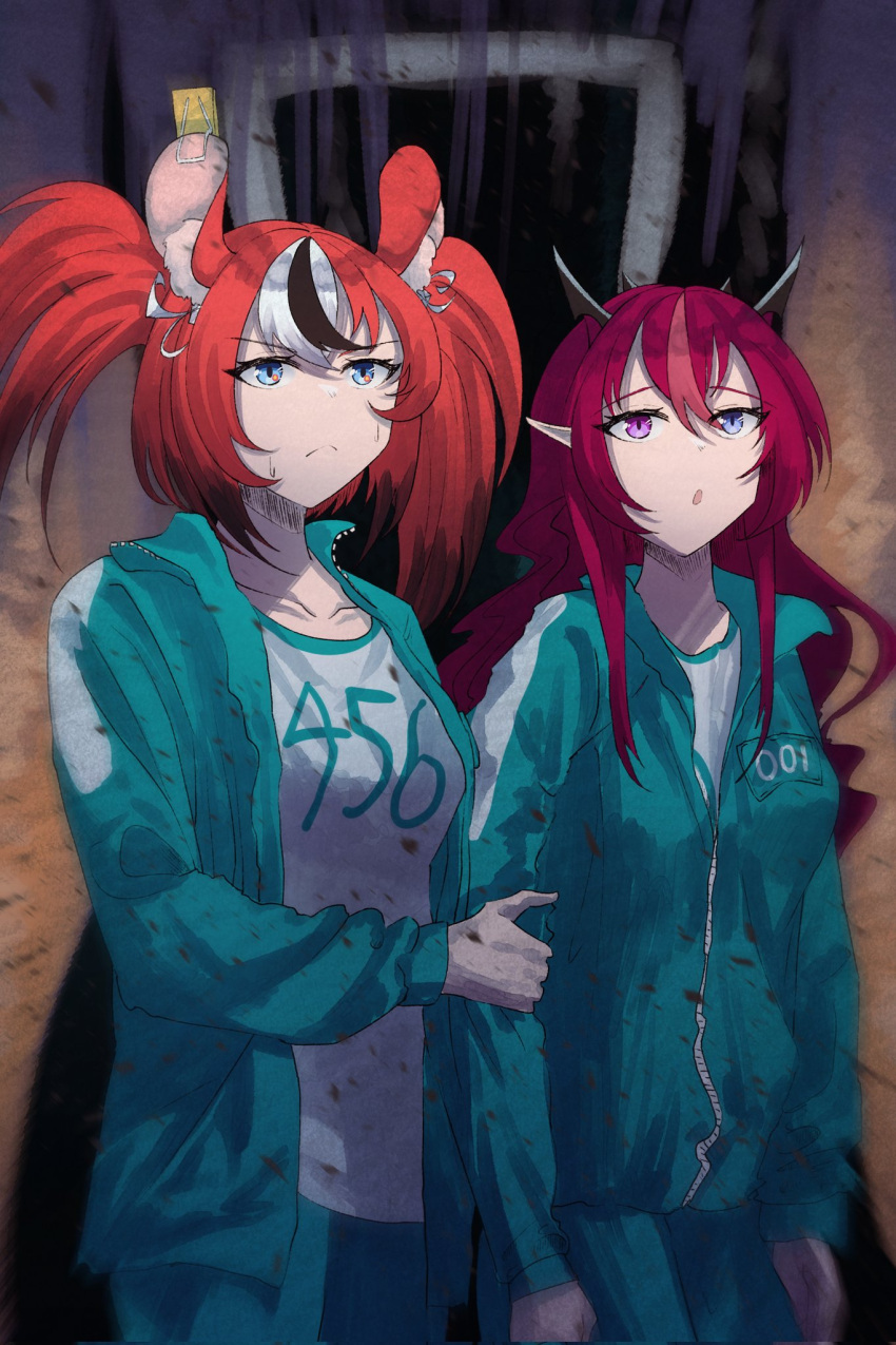 2girls alternate_costume animal_ears arm_grab black_hair blue_eyes gym hair_between_eyes hair_ribbon hakos_baelz heterochromia highres hololive hololive_english horns irys_(hololive) jacket jersey layer_(layer_illust) long_hair mouse_ears mousetrap multicolored_hair multiple_girls open_mouth pink_eyes pointy_ears purple_eyes red_hair redhead ribbon squid_game streaked_hair twintails virtual_youtuber white_hair