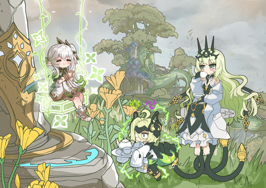 3girls absurdres ahoge bangs bare_shoulders barefoot black_dress black_gloves braid closed_eyes closed_mouth clouds cloudy_sky coat commentary company_connection crossover crown cup dress english_commentary eyepatch flower forest full_body genshin_impact gloves gradient_hair grass green_eyes green_hair grey_hair grey_sky hair_between_eyes hair_ornament highres holding holding_cup holding_plate honkai_(series) honkai_impact_3rd klein_(honkai_impact) labcoat long_hair long_sleeves medical_eyepatch mihoyo mobius_(honkai_impact) multicolored_hair multiple_girls nahida_(genshin_impact) nature open_clothes open_coat outdoors plate pointy_ears short_hair side_ponytail single_braid sitting sky sleeves_past_wrists statue_of_the_seven stirrup_legwear swing tail teacup teapot tiara toeless_legwear toes tree wavy_hair white_coat white_dress white_hair xtacy yellow_flower