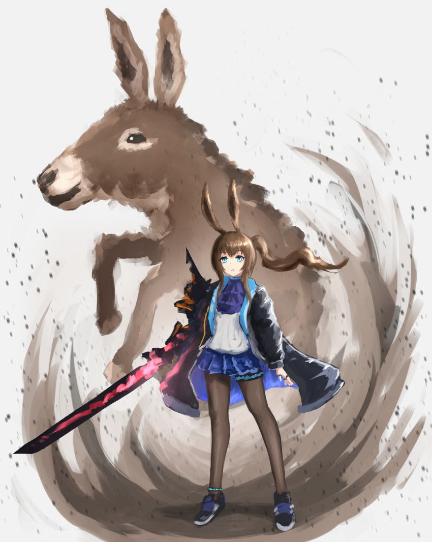 1girl absurdres amiya_(arknights) animal_ears arknights ascot black_footwear black_jacket black_pantyhose blue_ascot blue_eyes blue_skirt brown_hair bunny_ears donkey full_body glowing glowing_sword glowing_weapon greentale_(fegdgn) highres holding holding_sword holding_weapon hooves jacket jewelry long_hair looking_at_viewer miniskirt multiple_rings open_clothes open_jacket open_mouth pantyhose plaid plaid_skirt pleated_skirt ponytail rabbit_ears rabbit_girl ring shirt shoes skirt solo sword thighlet weapon white_shirt