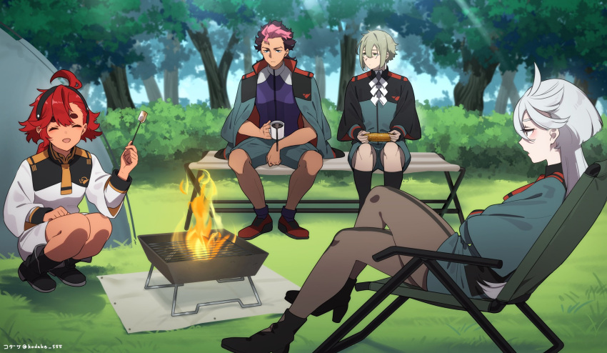 2boys 2girls ahoge aqua_eyes asticassia_school_uniform bangs bench black_footwear black_hairband blue_eyes boots brown_hair camping earrings elan_ceres fire green_eyes green_hair grey_eyes grey_hair grill guel_jeturk hair_between_eyes hairband highres holding jacket jacket_on_shoulders jewelry long_hair low_ponytail miorine_rembran multicolored_hair multiple_boys multiple_girls nature open_mouth outdoors pantyhose pink_hair redhead school_uniform short_hair shorts sitting smile suletta_mercury swept_bangs takeko_spla tent thick_eyebrows tree two-tone_hair white_shorts