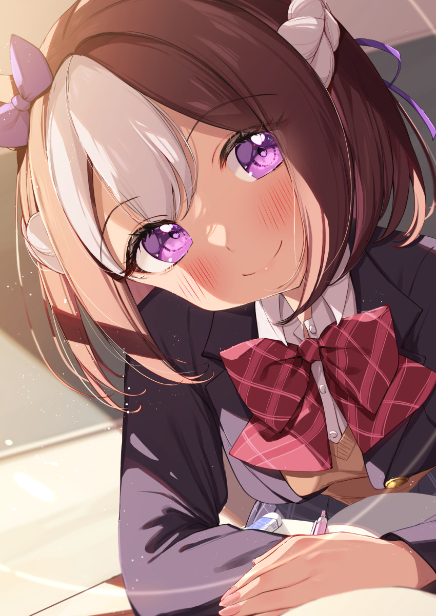 1girl blush bow bowtie braid brown_hair brown_sweater closed_mouth ear_bow highres jacket long_sleeves looking_at_viewer multicolored_hair open_clothes open_jacket purple_eyes red_bow red_bowtie saboten_mushi shirt smile solo special_week_(umamusume) streaked_hair sweater umamusume violet_eyes white_hair white_shirt