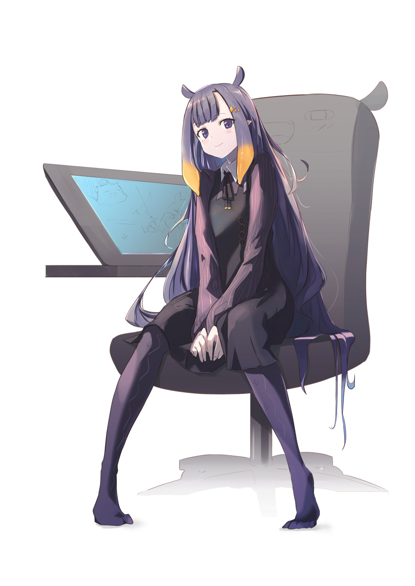1girl absurdres bangs between_legs black_dress black_neckerchief blunt_bangs blush chair collar collared_shirt drawing_tablet dress english_commentary gradient_hair hand_between_legs highres hololive hololive_english legs long_hair long_sleeves looking_at_viewer multicolored_hair neckerchief ninomae_ina'nis no_shoes orange_hair pantyhose purple_hair purple_pantyhose purple_sleeves shiny shiny_hair shirt short_dress simple_background sitting smile solo tallgeese_(lgeesel) toes violet_eyes virtual_youtuber white_background white_collar