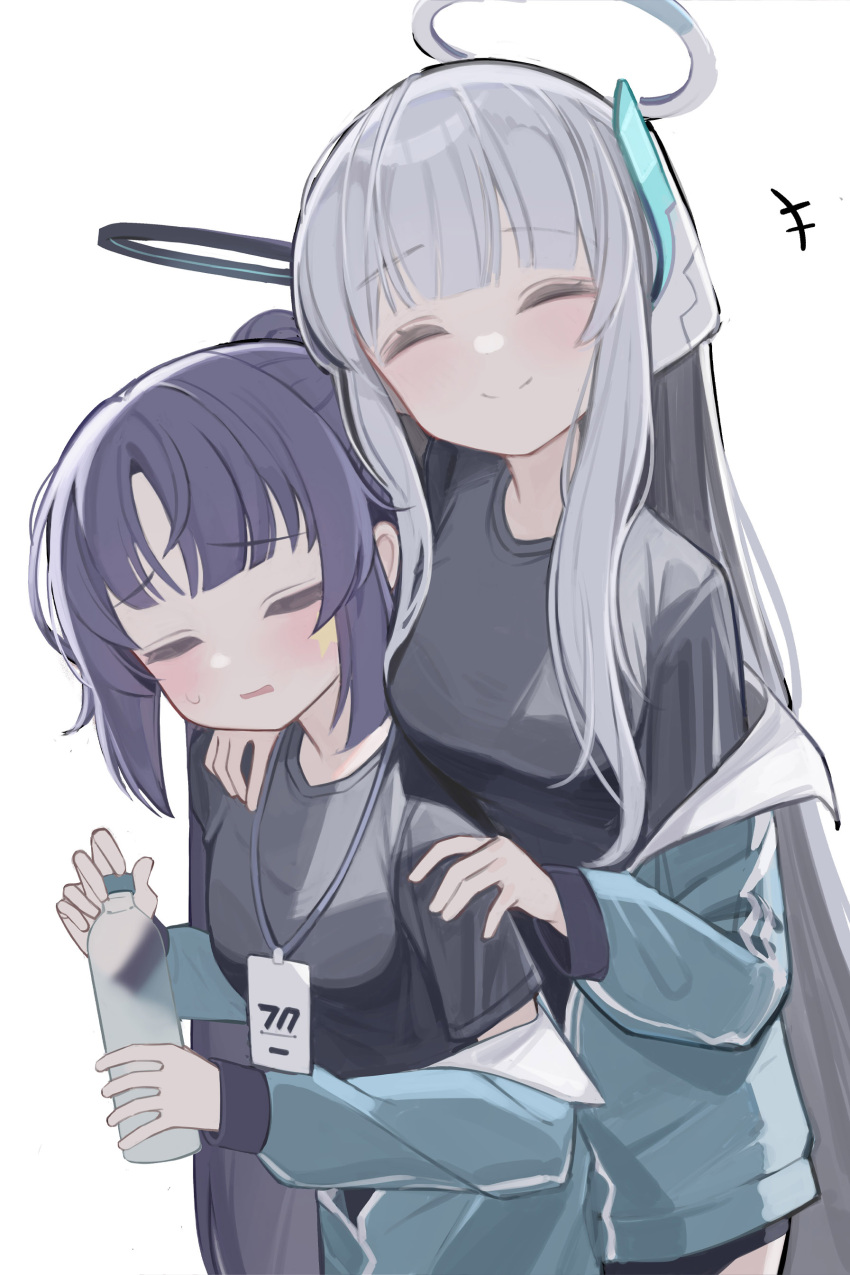 +++ 2girls ^_^ absurdres anparu aqua_jacket bangs black_shirt blue_archive blush bottle breasts closed_eyes grey_hair gym_uniform halo headphones highres holding holding_bottle jacket lanyard long_hair long_sleeves looking_at_viewer medium_breasts multiple_girls noa_(blue_archive) off_shoulder official_alternate_costume open_clothes open_jacket parted_lips ponytail purple_hair shirt simple_background small_breasts smile sweat water_bottle white_background yuuka_(blue_archive) yuuka_(gym_uniform)_(blue_archive)