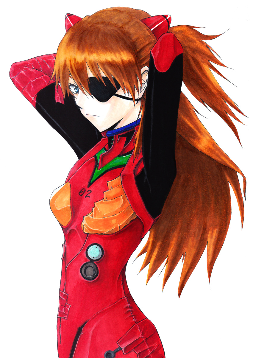 1girl absurdres arms_up bangs blonde_hair blue_eyes bodysuit bracer breasts closed_mouth cowboy_shot eyepatch from_side gloves gradient gradient_background headgear highres huntyasutoki long_hair looking_at_viewer neon_genesis_evangelion number orange_hair pilot_suit plugsuit shikinami_asuka_langley simple_background skinny small_breasts solo souryuu_asuka_langley tape traditional_media turtleneck two_side_up white_background