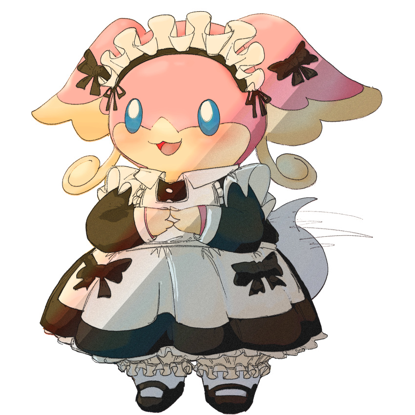 1girl :3 absurdres animal_ears apron audino black_bow black_dress blank_eyes bloomers blue_eyes blush body_fur bow buttons clothed_pokemon commentary dated_commentary dress ear_bow english_commentary flat_chest frilled_apron frilled_dress frills full_body furry furry_female hands_up happy highres light_blush long_sleeves maid maid_apron maid_headdress motion_lines no_humans open_mouth own_hands_together pink_fur pokemon pokemon_(creature) red_leopard simple_background smile socks solo standing tail tail_wagging two-tone_fur underwear white_apron white_background white_bloomers white_socks yellow_fur