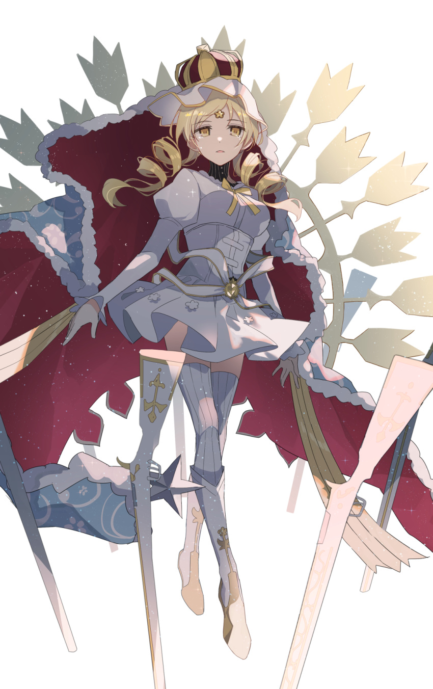 1girl arms_at_sides arrow_(projectile) backlighting bangs blonde_hair boots breasts cape contrapposto corset crown crying crying_with_eyes_open dot_nose drdn1293 drill_hair empty_eyes expressionless framed_breasts frilled_sleeves frills full_body fur-trimmed_cape fur_trim glint gold_trim gun high_collar highres holy_mami juliet_sleeves knee_boots knees_together_feet_apart large_breasts light_particles long_sleeves looking_at_viewer magia_record:_mahou_shoujo_madoka_magica_gaiden magic_circle magical_musket mahou_shoujo_madoka_magica neck_ribbon parted_bangs parted_lips pleated_skirt puffy_sleeves ribbon rifle sad shiny shiny_hair simple_background skirt solo streaming_tears striped striped_thighhighs swept_bangs tears thigh-highs thighhighs tomoe_mami twin_drills vertical-striped_thighhighs vertical_stripes weapon white_background white_footwear white_skirt white_thighhighs yellow_eyes yellow_ribbon zettai_ryouiki
