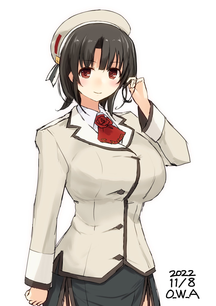 1girl alternate_costume artist_name ascot beret black_hair breasts brown_headwear brown_jacket buttons closed_mouth dated double-breasted hat highres jacket kantai_collection large_breasts looking_at_viewer military military_uniform one-hour_drawing_challenge owa_(ishtail) red_ascot red_eyes short_hair simple_background smile solo takao_(kancolle) takao_(kantai_collection) uniform white_background