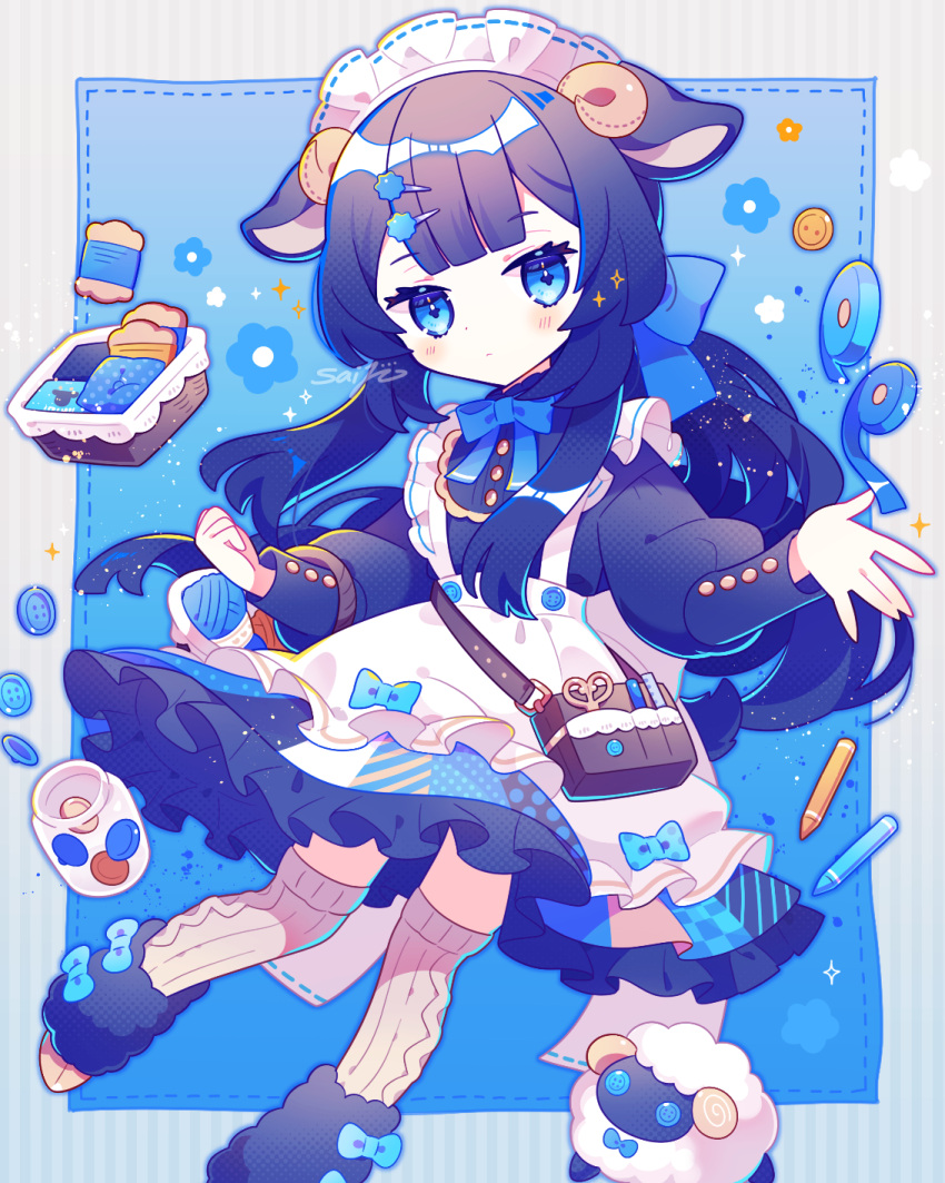 1girl animal_ears bangs blue_background blue_bow blue_bowtie blue_eyes bow bowtie button_eyes crayon curled_horns dress dress_bow food hair_bow hair_ornament hairclip highres horns long_hair long_sleeves looking_at_viewer original saijo1201 scissors sheep sheep_ears solo stuffed_animal stuffed_sheep stuffed_toy tape thigh-highs