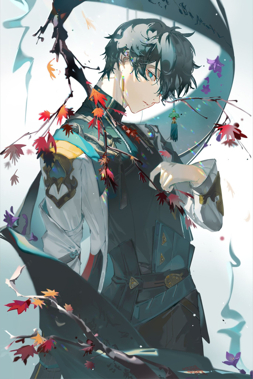1boy bangs bishounen black_hair blue_eyes byuey check_copyright copyright_request costume_request earrings feet_out_of_frame from_side gloves hair_over_one_eye head_tilt highres holding jewelry leaf male_focus maple_leaf original short_hair solo standing zipper