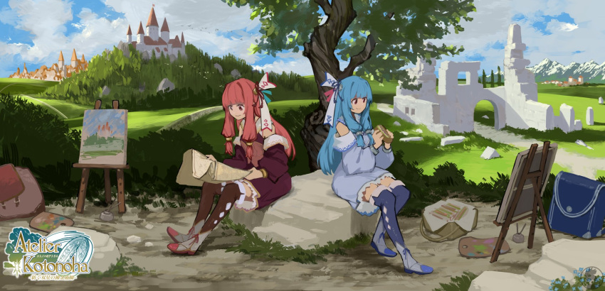 2girls argyle_thighhighs art_brush backpack bag bangs bare_shoulders basket blue_dress blue_hair blue_ribbon blue_thighhighs blunt_bangs boots bottle boulder bread building clouds cloudy_sky commentary day detached_sleeves dress easel food grass hair_ribbon highres hill holding holding_food holding_map kotonoha_akane kotonoha_aoi long_hair map mountain multiple_girls outdoors paintbrush painting_(object) palette_(object) pink_hair purple_dress purple_thighhighs red_eyes red_ribbon ribbon sandwich siblings sidelocks sisters sitting sky sleeveless sleeveless_dress smile steeple thigh-highs toriatamastudio tree voiceroid