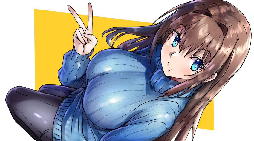 1girl absurdres aozaki_aoko bangs black_pants blue_eyes blue_sweater breasts brown_hair closed_mouth denim ebora hair_intakes highres jeans large_breasts long_hair long_sleeves looking_at_viewer mahou_tsukai_no_yoru pants simple_background smile solo sweater turtleneck v white_background