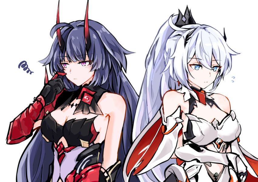 2girls absurdres ahoge bangs bare_shoulders blue_eyes blush breasts closed_mouth commentary_request dress earrings expressionless gauntlets gloves hair_between_eyes hair_ornament highres honkai_(series) honkai_impact_3rd horns jewelry kiana_kaslana kiana_kaslana_(herrscher_of_flamescion) long_hair multiple_girls ponytail purple_eyes purple_hair raiden_mei raiden_mei_(herrscher_of_thunder) sen_jin_chen simple_background upper_body white_background white_hair