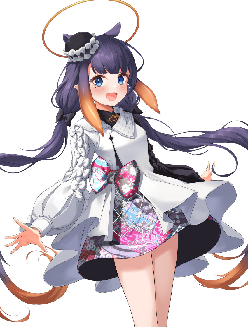 1girl :d absurdres asymmetrical_sleeves bangs black_bow black_coat black_dress black_hair black_headwear blue_eyes blunt_bangs blush bow breasts coat cowboy_shot dress fang gradient_hair halo hat highres hololive hololive_english long_hair long_sleeves looking_at_viewer low_twintails mismatched_sleeves mole mole_under_eye multicolored_hair ninomae_ina'nis official_alternate_hairstyle open_mouth orange_hair pointy_ears print_dress puffy_long_sleeves puffy_sleeves saio425 short_dress sidelocks small_breasts smile solo straight_hair tentacle_hair tilted_headwear twintails two-tone_coat very_long_hair virtual_youtuber white_coat