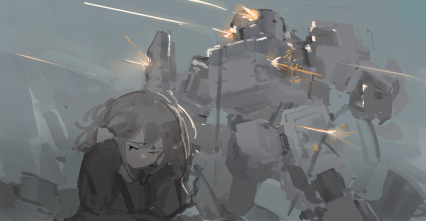 1girl absurdres bangs black_eyes black_jacket brown_hair covering_ears embers english_commentary highres holding holding_shield jacket leaning_forward long_sleeves mecha original ponytail robot science_fiction shield sketch sleeves_past_wrists xerbatt