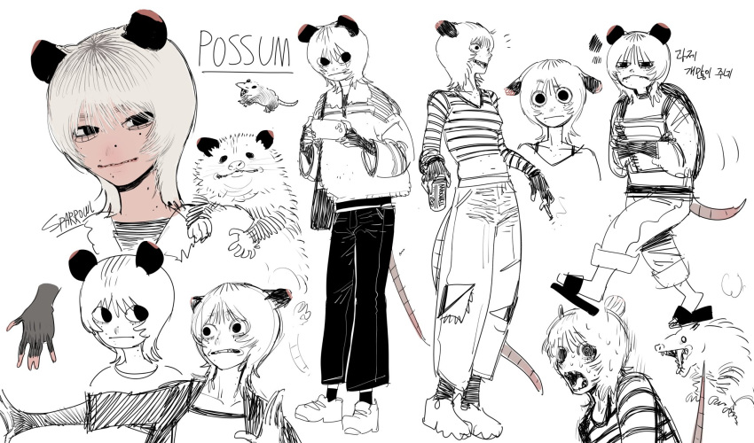 1girl animal animal_ears bag cellphone frown highres holding holding_phone jacket midriff monochrome monster_girl mouse_ears multiple_views original pants personification phone possum possum_ears possum_girl possum_tail scared shirt shoes shoulder_bag sketch smartphone sneakers solo sparrowl sweat tail torn_clothes torn_pants white_hair